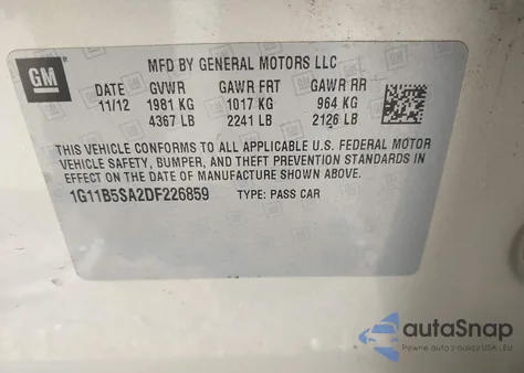 2013 Chevrolet Malibu 1Ls z USA, uszkodzony, nr VIN 1G11B5SA2DF226859